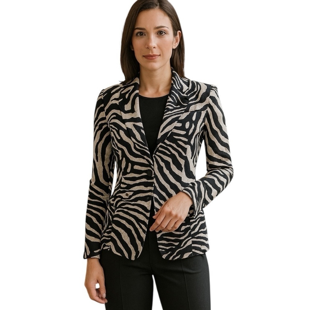 Saks Fifth Avenue Small Zebra Print Black Cream Silk Long Blazer Office Workwear